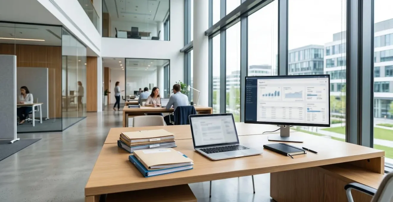 Bureau lumineux d'une direction des ressources humaines avec ordinateur portable, dossiers administratifs empilés et interface logiciel de paie affichée sur grand écran