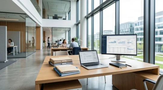 Bureau lumineux d'une direction des ressources humaines avec ordinateur portable, dossiers administratifs empilés et interface logiciel de paie affichée sur grand écran