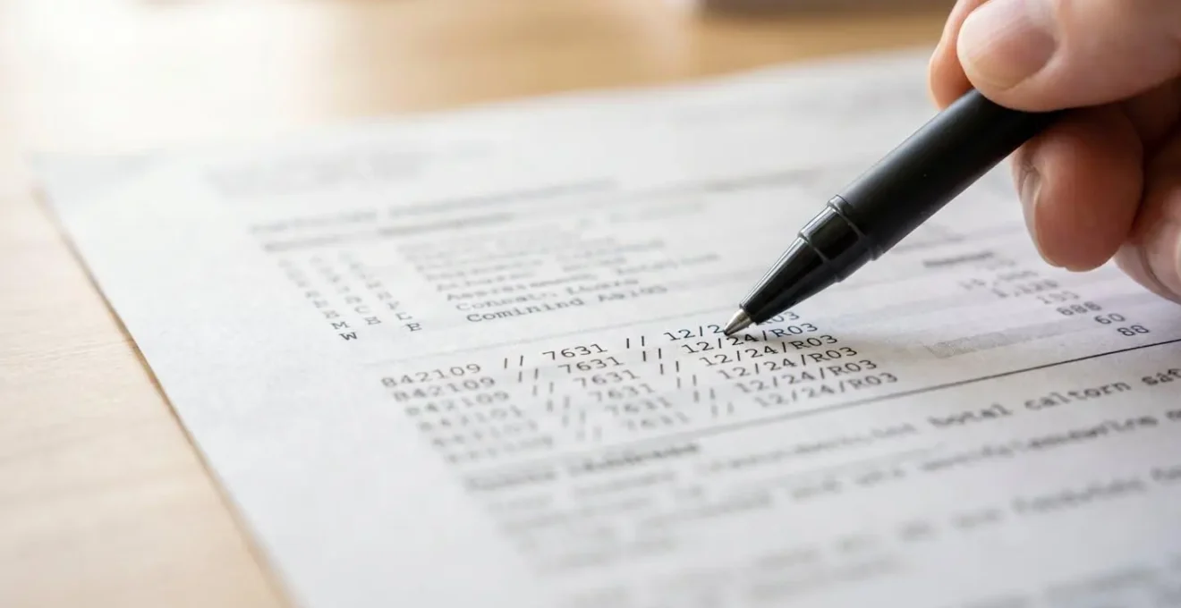 Gros plan sur un document administratif avec des lignes de codes et de chiffres, une main tenant un stylo pointe un détail précis, arrière-plan flouté avec effet bokeh