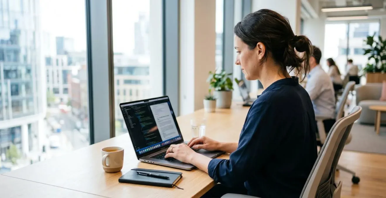 Une responsable ressources humaines vue de profil travaille sur son ordinateur portable dans un bureau moderne, concentrée sur la saisie de documents administratifs